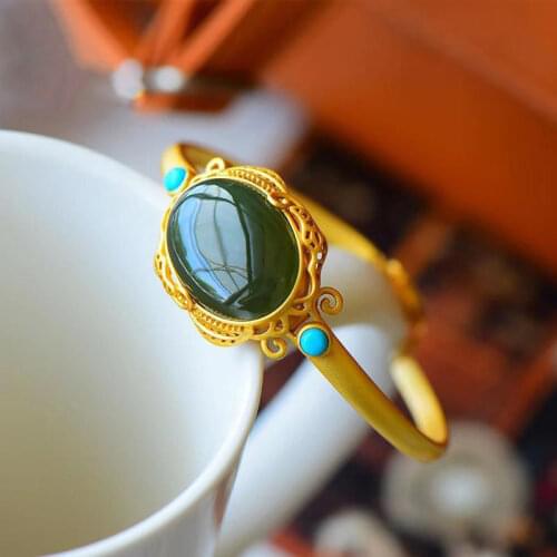 Natural Hetian Jade Gray Jade Cuff Bracelet round Retro High-End Elegant Turquoise S925 Sterling Silver Ladies' Bracelet