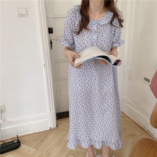 Summer nightgowns women sleepwear dress floral print crepe cotton short sleeve summer nightdress sweet peter pan collar Y625