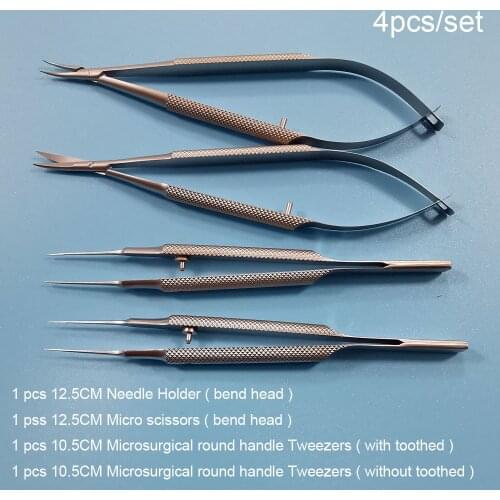 New 4pcs/set ophthalmic microsurgical instruments 12.5cm scissors+Needle holders +tweezers stainless steel surgical tool