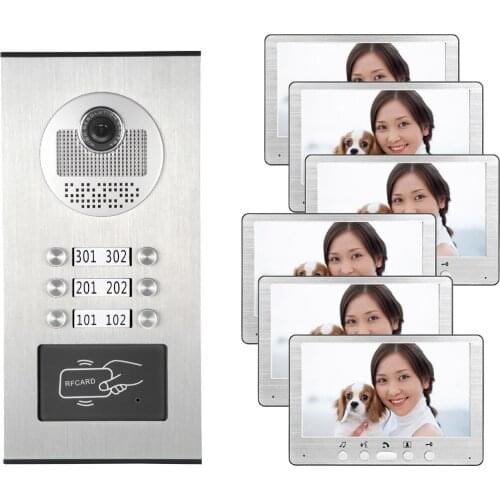 Wired 7" Video Door Phone Video Intercom Apartments House Doorbell Multi Unit Access RFID System 1 Camera 6 Monitor