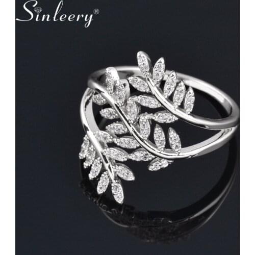 SINLEERY Luxury Female Crystal Three-Branch Olive Leaf Rings For Women Fashion Party Cocktail Jewelry Ring Size 7 8 9 JZ096 SSI
