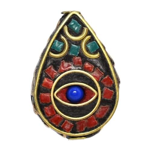 TZ-E06 Droplet bead Handmade Nepalese Buddhas eye Tibetan Brass Metal & Clay Loose Craft Beads for Necklace Jewelry Making DIY