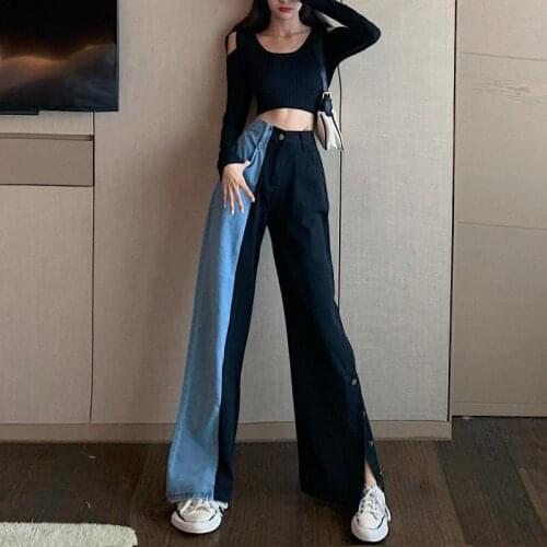 Vintage Jeans Woman Denim Long Pants Autumn Cowboy Female Loose Streetwear High Waist Women Trousers Split Clothes Wide Leg Jean