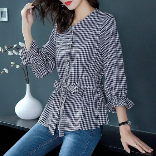 Women Spring Summer Style Chiffon Blouses Shirts Lady Casual Three Quartz Sleeve Plaid Printed O-Neck Blusas Tops ZZ0252