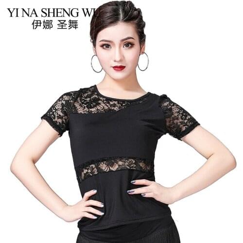 1Pc Women Latin Dance Lace Top Short Sleeves Practice Clothes Square Dance Modern National Standard Dance Practice Clothing Top