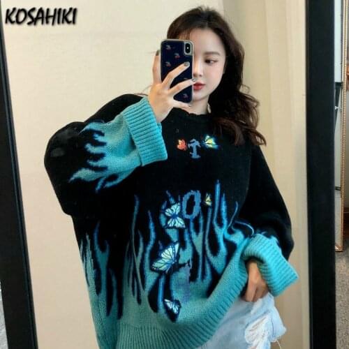 KOSAHIKI Autumn Winter Harajuku Flame Knit Sweater Butterfly Applique Women Pullovers Casual Loose Streetwear Jumper 2021