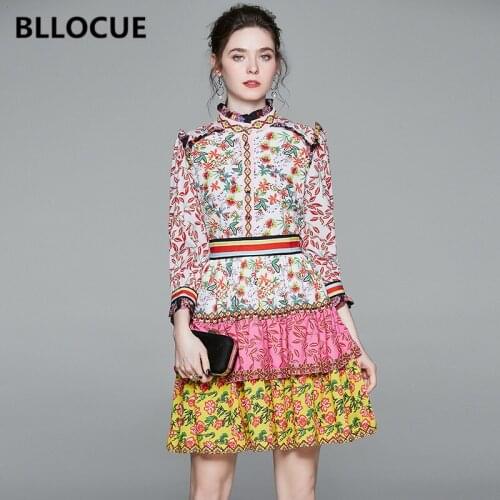 BLLOCUE Summer Fashion Runway Women Dress Vintage Ladies Stand-up collar Flower Printed Cascading Ruffles Layers Cake Dress