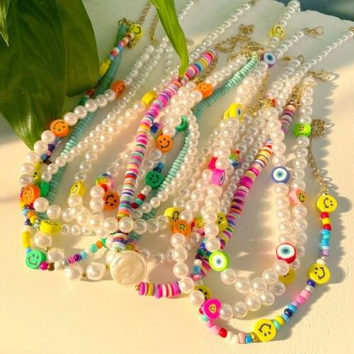 Bohemian Smiley Heart Pearl Beaded Necklace For Women Colorful Handmade Bead Choker Imitation Pearls Necklaces Jewelry 2021 New