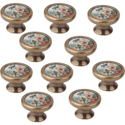 10Pcs Vintage Brass Wardrobe Drawer Door Cupboard Pull Bin Retro Handle Knob Birds and Flower Pattern