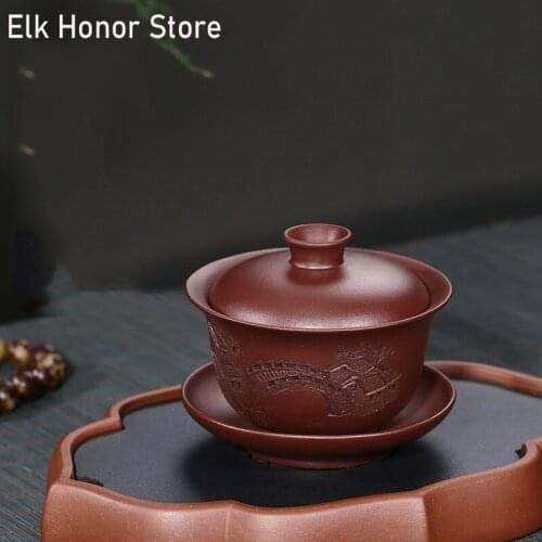 185ml Vintage Yixing Clay Tea Tureen Handmade Sculpture Gangnam Sand Ceramic Bowl With Lid Da Hong Pao Kung Fu Tea Travel Teaset
