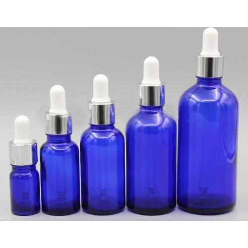 2/10pcs 5ml 10ml 15ml 20ml 30ml 50ml 100ml Empty Blue Glass Essential Oil Dropper Bottle with Light Silver White Glue Head Cover