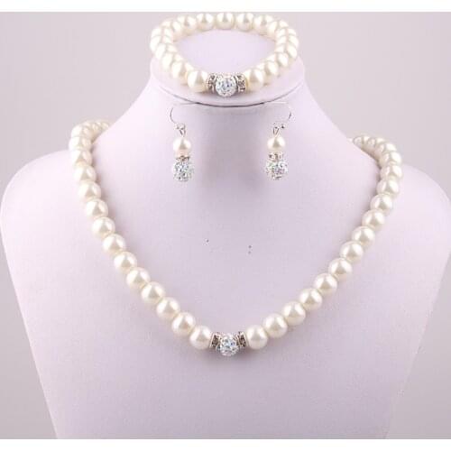 Free shipping beige 10mm Crystal Pave AB ball and 10mm Cream Pearl necklace bracelet earring jewelry set