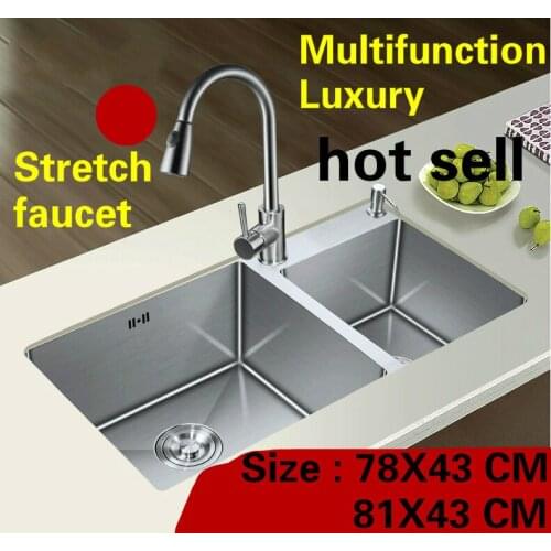 Free shipping Apartment luxury kitchen manual sink double groove stretch faucet 304 stainless steel hot sell 780X430/810x430 MM