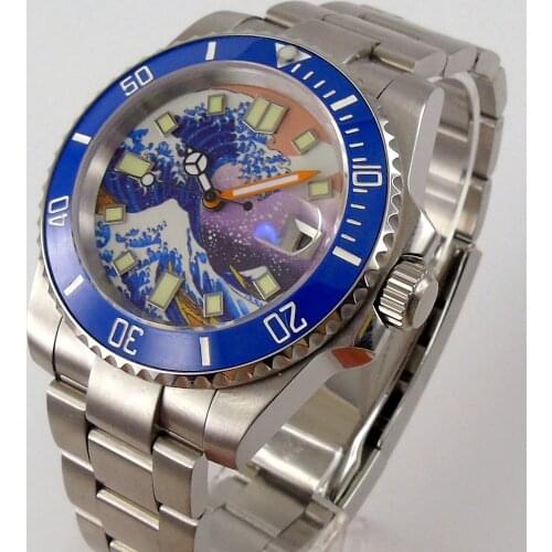 40mm Sterile Dial Sapphire Automatic Mens Wristwatch 24 Jewels NH35A Movement Orange Hands Glass Back Ceramic Insert