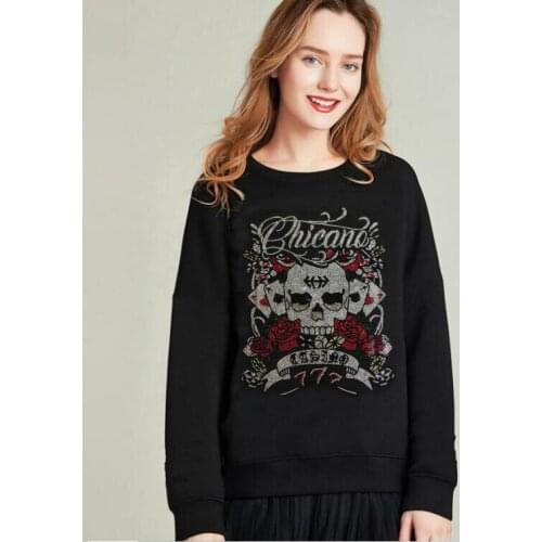 Black color Flower and skull cool woman tops Diamond stone top quality loose long sleeve Sweatshirt sexy Hot drill Hoodies