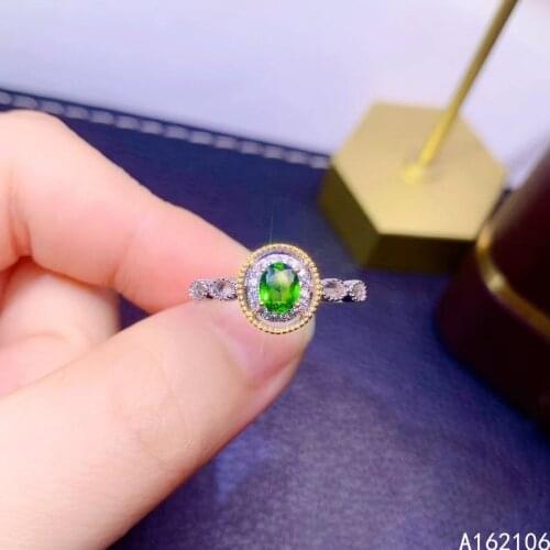 925 Pure Silver Chinese Style Natural Diopside Womens Classic Noble Fresh Oval Adjustable Gem Ring Fine Jewelry Support Detecti