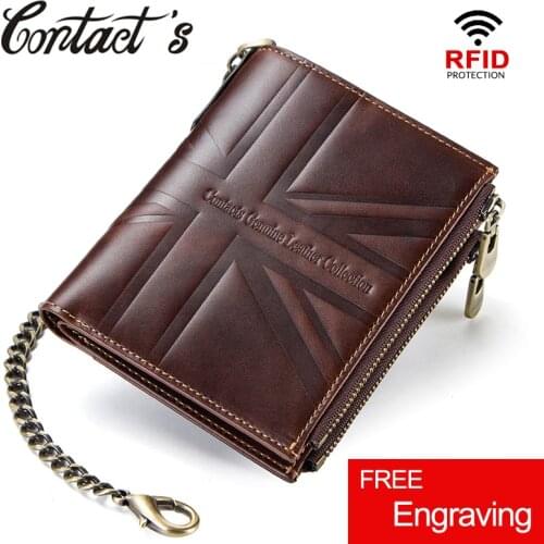 Contacts Crazy Horse Genuine Leather Wallet Men Coin Purse Walet Card Holder Portemonnee Double Zip Money Bag With Chain RFID
