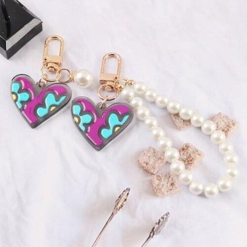 Creative Imitation Pearl Chain Keyring Plant Acrylic Peach Heart Car Keychain Women Girl Heart Bag Pendant KeyChains Cute Gifts
