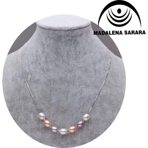 MADALENA SARARA AAAA 7-8 mm Freshwater Pearl White Pink Purple Pearl Silver Chain Necklace 18" Choker Necklace