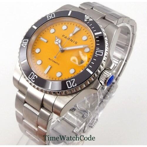 40mm Parnis Mens Watch Japanese Miyota8215 Automatic Movement Yellow Dial Sapphire Glass Cyclops Jubilee Bracelet Ceramic Bezel