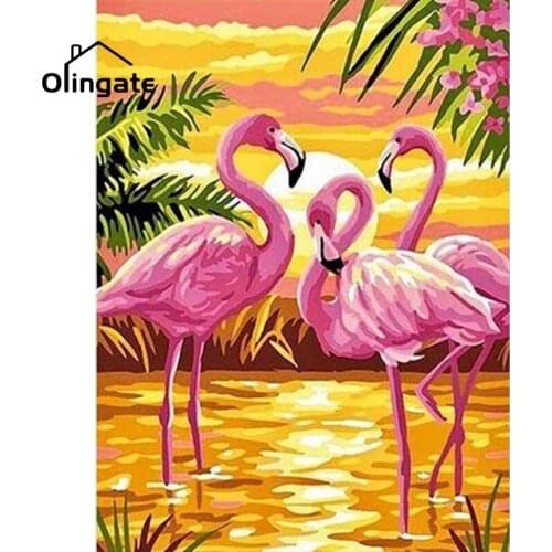 Cartoon Animals Wall Art Palm Lake Bright Pink Crane Canvas Poster and Print One Piece Canvas Painting Home Living Room Decor