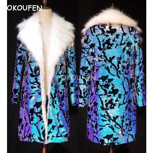 New Mens Cool Blue colorful Fur Coat Nightclub male singer stage show Long jacket costume