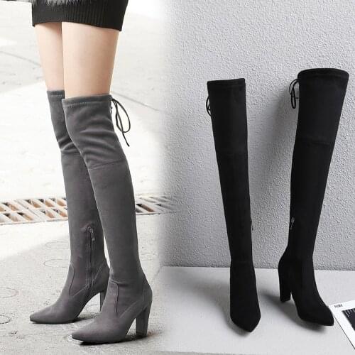 Over The Knee High Boots Woman Kid Suede Leather Thick High Heels Women Boots Autumn Winter Black Gray Party Shoes Woman