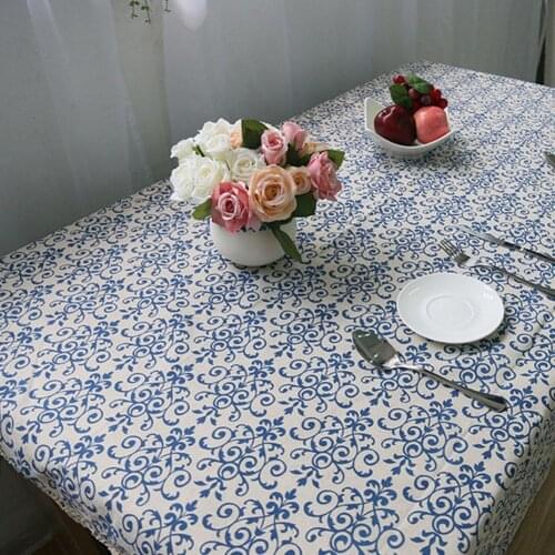 140x250cm Retro Blue Chinese Porcelain Printing Tablecloth With Lace Cotton Linen Table Cover For Dinning Home Decor Textiles