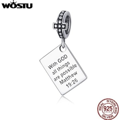 WOSTU 925 Sterling Silver Bible Charms With God all things are possible matthew Religion Beads Fit Bracelet Jewelry CQC1424