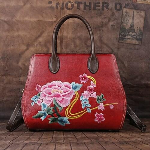 Chinese Style Embroidery Floral Tote Bag Ladies Genuine Leather Messenger Bags for Women 2021 Spring Cowhide Shopping Handbags