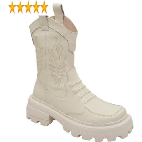 Toe New Square Design Women Genuine Leather Autumn Winter Embroidery Fashion Shoes Platform High Heel Cowboy Short Boots