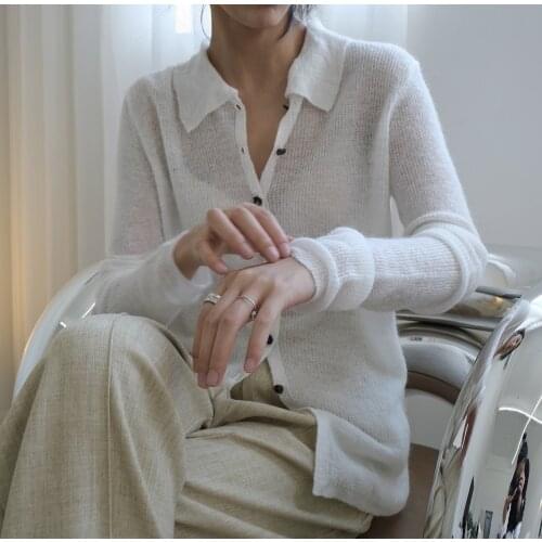 Cardigan Women Korean Long Sleeve Cardigan 2021 Early Autumn Knitted Polo Lapel Thin Mohair Sweaters Shirt Tops White/Gray