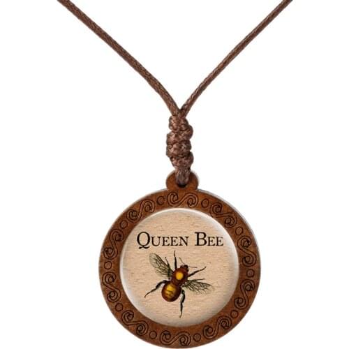 2019 Queen Bee Animal Pendant Honeybee Jewelry Wood Pendent Glass Dome Cabochon Necklace Animal Lovers Gift for Men Women