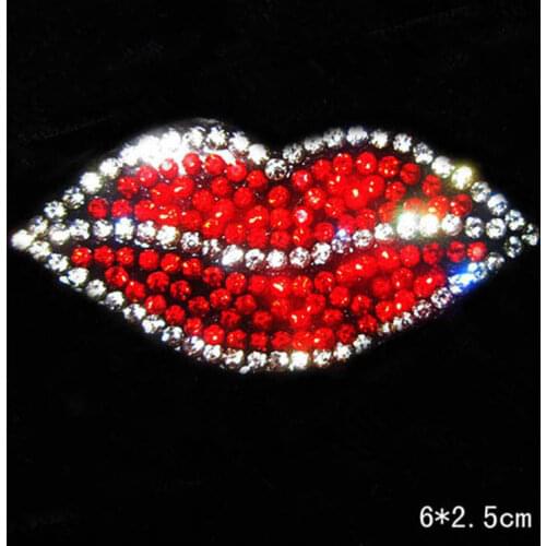 Sexy Red Lip iron on rhinestone motifs hot fix rhinestone iron on crystal transfers design with glue for bag shoes