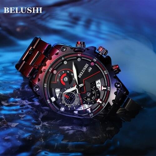 BELUSHI New Mens Watches Top Luxury Brand Leather Chronograph Waterproof Sport Automatic Date Quartz Watch Men Relogio Masculino