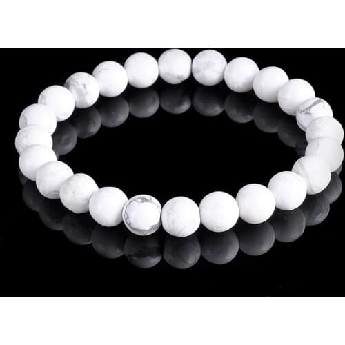 6mm 8mm Simple Punk Rock Round Ball Beaded Strand Bracelet Natural Real White Howlite Turquoises Stone Mala Bracelets Women Male