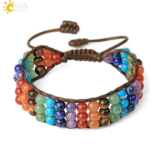 CSJA Purple Crystal 7 Chakra Wrap Bracelets Reiki Natural Stone Multilayer Brown Rope 6mm Round Beads Vintage Women Jewelry G438