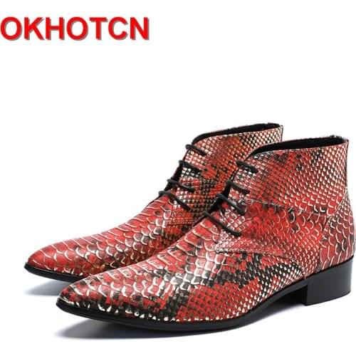 Spring Autumn Mens Boots Casual Genuine Leather Boots Men Lace Up Pointed Toe Worker Shoes Bling Red Blue Snakeskin Pattern Boot