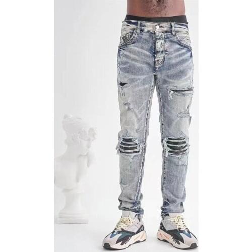 New Mens Jeans Male Fashion Casual Trousers Holes Torn Knee Folds Cat Whiskers American Style Blue High Street Motorcycles