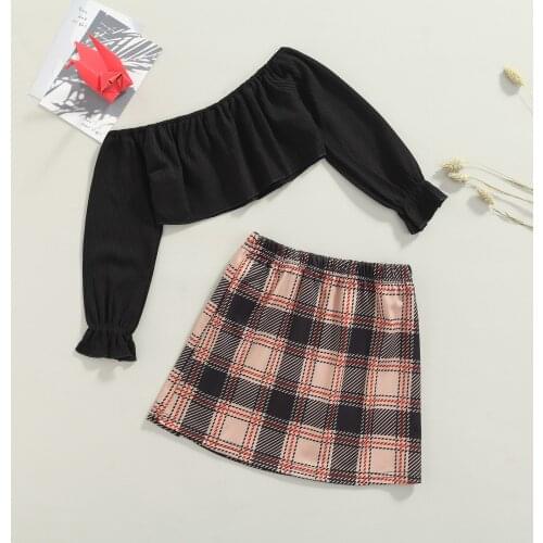 FOCUSNORM 1-6Y Fashion Kids Girls Plaid Clothes Sets 2pcs Off Shoulder Long Sleeve Solid T Shirts Printed A-Line Skirts