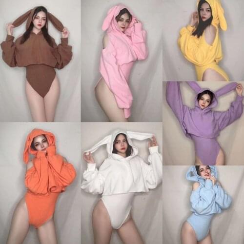 Kawaii Jumpsuit+Rabbit Ears Hooded Sexy Female GoGo Rabbit Party Outfit Stage Role-Playing Costumes Two-Piece Flannel Set 4238