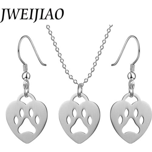 JWEIJIAO Fashion Pet Dog Paw Footprint Necklace Earrings Jewelry Sets Heart Shape Charms Pendant Stainless Steel Jewelry SKU24