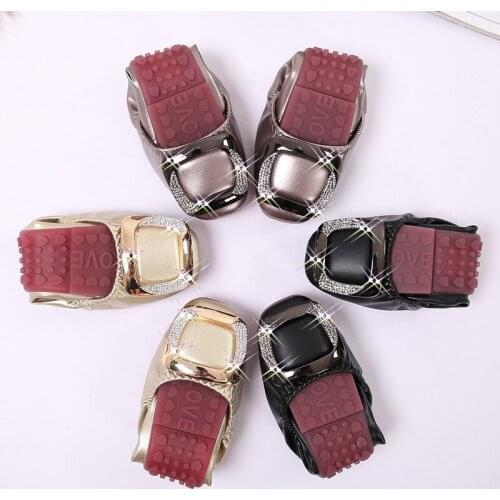 Autumn leather roll up flats shoes girls leisure crystal buckle decorate slip on loafers moccasins 35-41 foldable shoes creepers