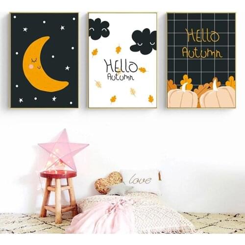 Cartoon Decor Canvas Painting Autumn Pumpkin Bird Coffee Children Poster Wall Art Print Painting Home Decor Nursery Decoration