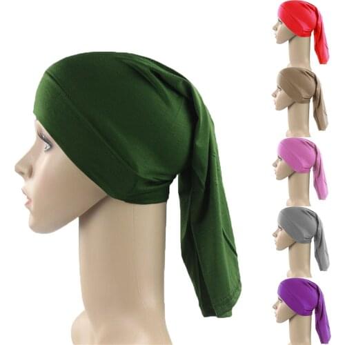Muslim Cotton Underscarf Cap Long Inner Hijab Hat Islamic Hejab Headwrap Solid Stretch Headwear Arab Headscarf Baggy Bone Bonnet