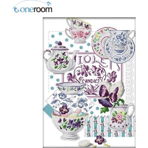 4CT DIY Handmade Needlework Counted Cross Stitch Set Embroidery Kit Teacups Pattern Cross-Stitching Home Decor