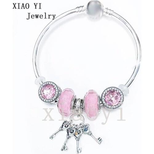 XIAOYI 2020 new 100% s925 Pink Key Charm gentle wedding high quality Bracelet DIY birthday gift for girlfriend female