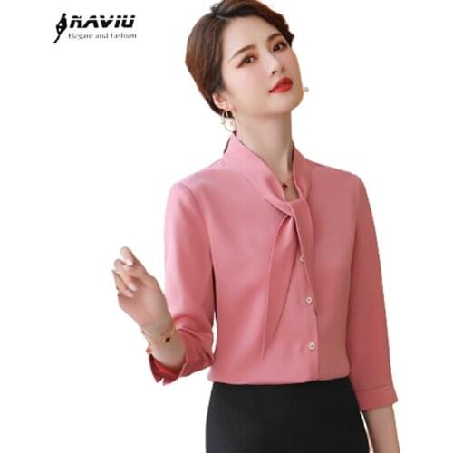 Naviu New 2021 Office Professional Women Shirt Half Sleeve Bow Tie Design Fashion Blouses Formal Interview Clothes