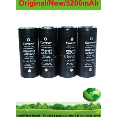 4PCS/lot original Keeppower 3.7V IMR 26650 5200mah max 30A discharge Li-ion battery