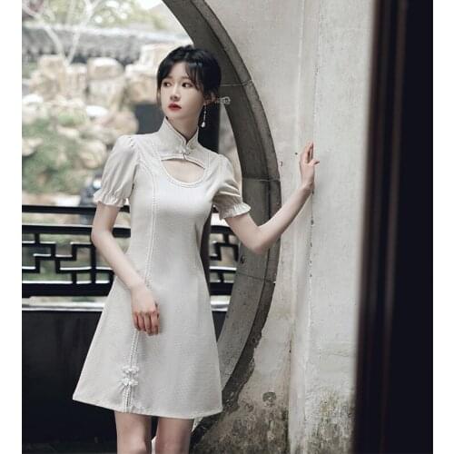 Chinese National Style Cheongsam Summer Fashion Puff Sleeve Hollow Out Neck Solid Color Slim Thin Sexy Dresses New Elegant Qipao